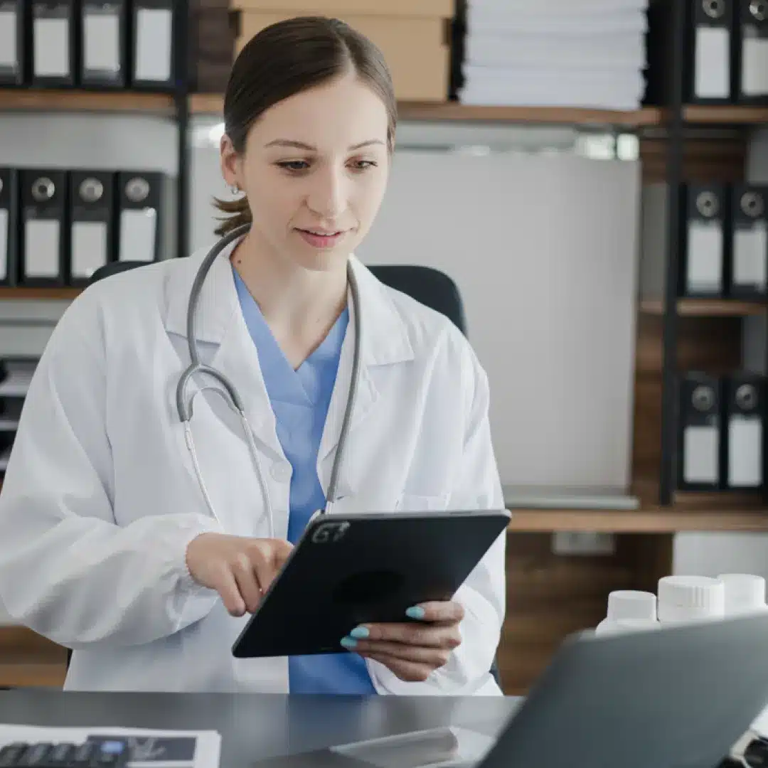 A healthcare professional in a white coat and blue scrubs uses a tablet at a desk with medical supplies and files in the background.