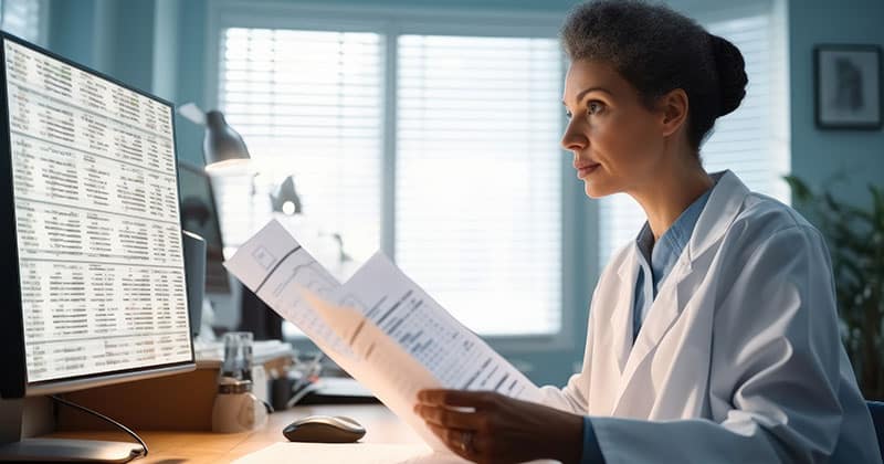 Doctor cross-checking patient medical and billing information.